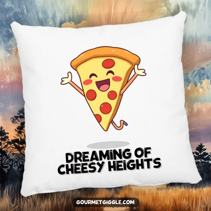 Funny pillow depicting a smiling pizza slice in a joyful jump, offering comfort with a side of delicious happiness.