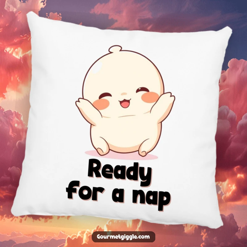 Funny chubby dumpling pillow, a soft, round character with rosy cheeks, happily tumbling for maximum cuddliness and fun.