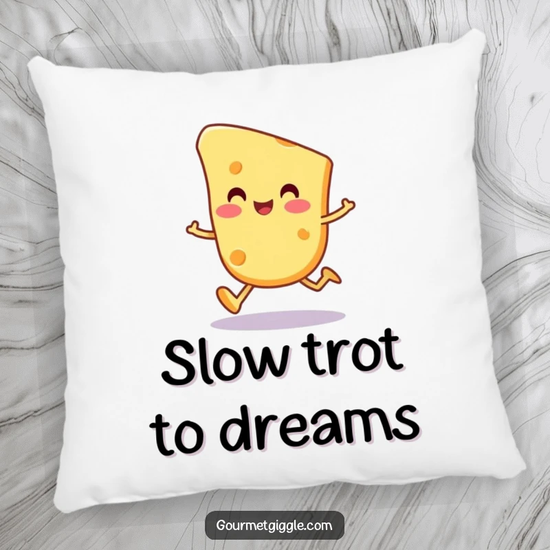 Funny cheese slice character pillow, depicting a happy, round cheese piece doing a wobbly trot, offering comfort and dairy humor.