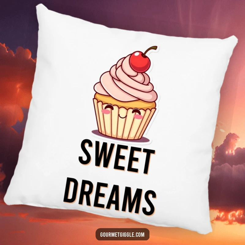 Funny pillow featuring a cheerful cupcake with frosting and a cherry holding its hat, offering comfort and sweetness.