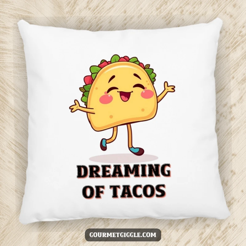 Funny pillow depicting a winking taco in a dynamic salsa dance pose, offering comfort with a side of festive fun.