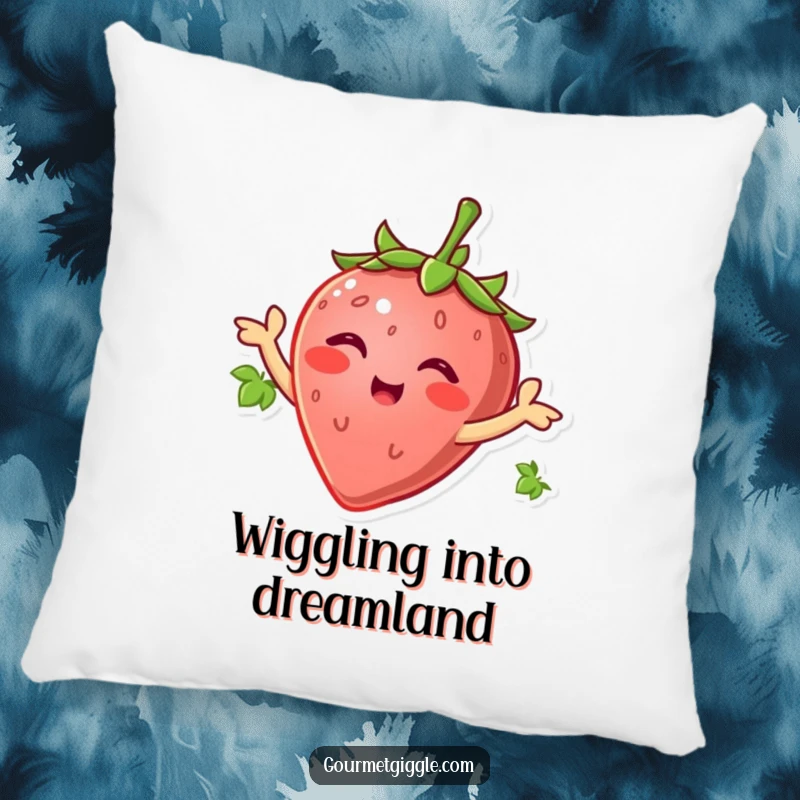 Smiling strawberry wiggling its green leaves like arms, a soft, humorous, and cheerfully cute decorative pillow.