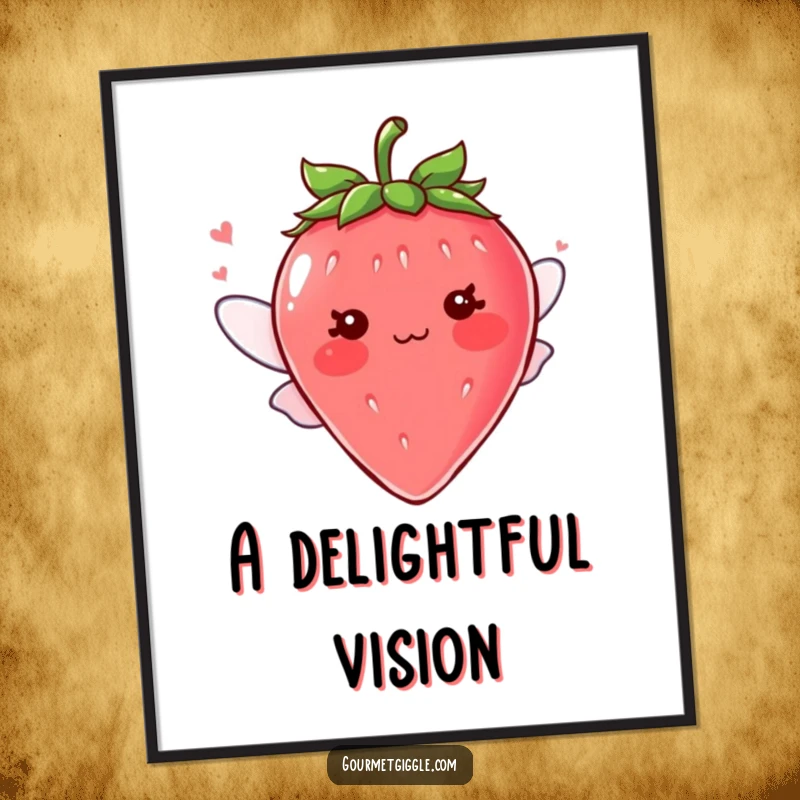 Funny blushing strawberry character with tiny fluttering wings as digital art, cute printable decor, a charming and funny gift idea.