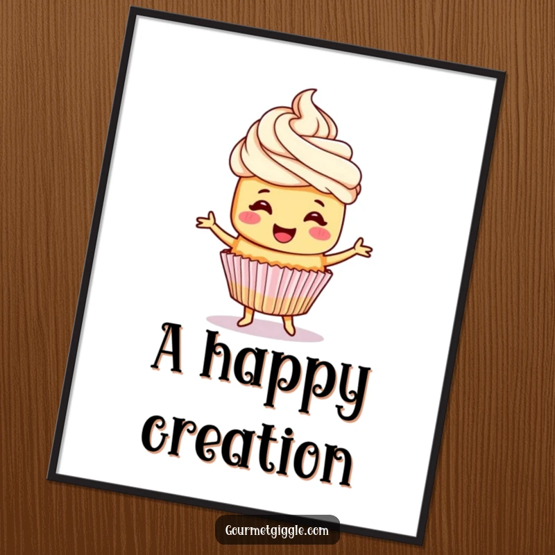 Funny cupcake digital art print of a cheerful cupcake with frosting hair, joyfully doing a little jig to add cheer.