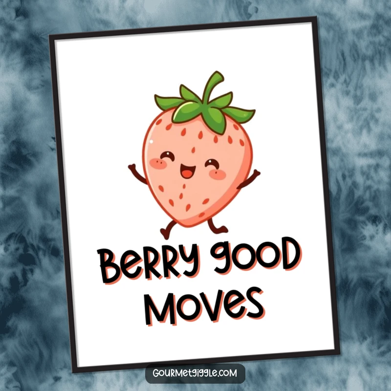 Funny digital art print of a cheerful strawberry character dancing energetically on its little legs, bringing vibrant, fruity fun.