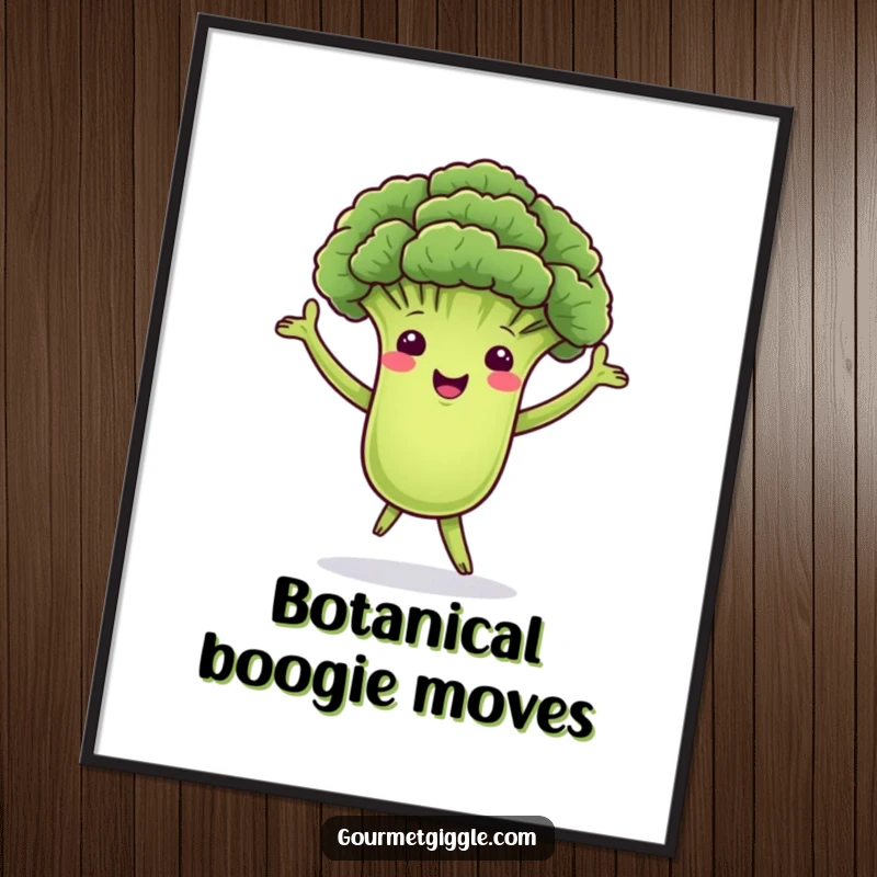 Funny digital art print of a dancing broccoli floret with green arms, swaying merrily, perfect for adding vibrant, healthy-themed humor to any room.