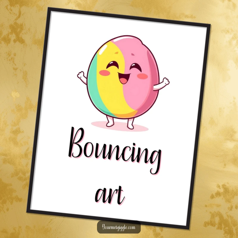 Funny digital art print of a delighted candy bouncing excitedly with a silly grin, for instant sweet and energetic decor.