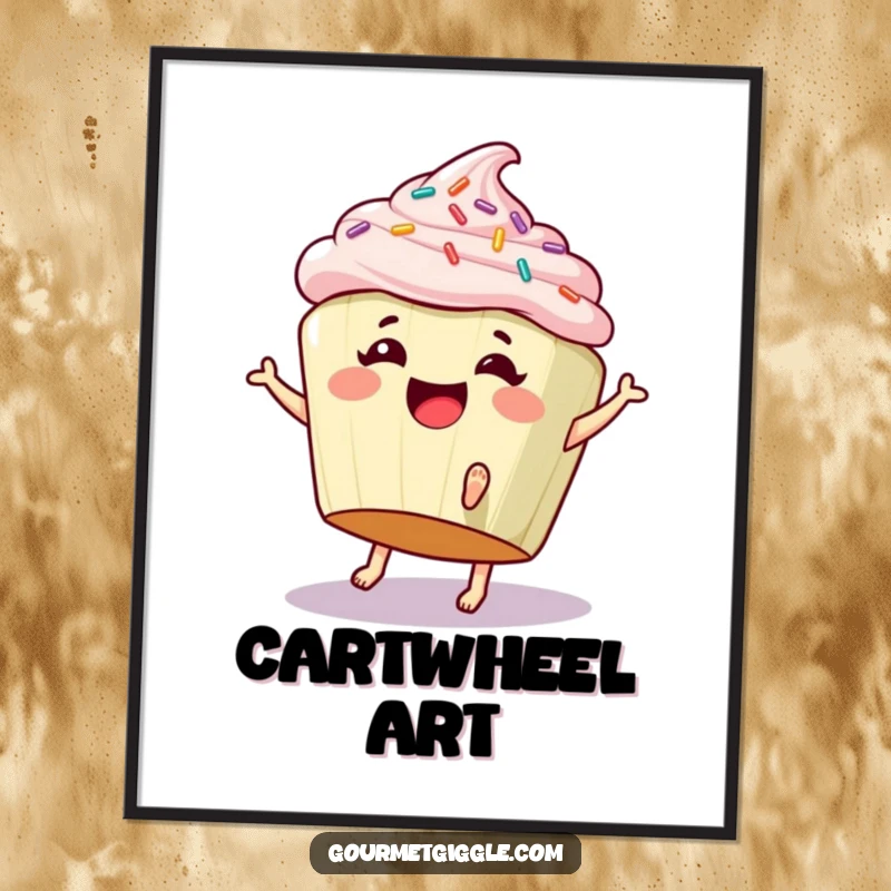 Funny digital art print of a giggling cupcake doing a cartwheel, for instant sweet and humorous decor.