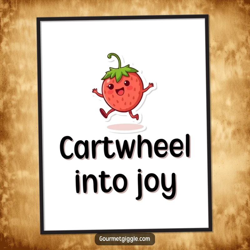 Funny strawberry character digital art print, a cheerful round fruit performing a cartwheel, ready to bring smiles digitally.