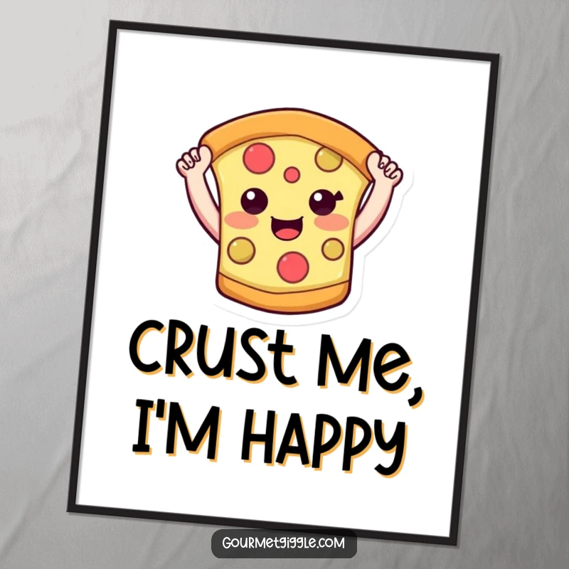 Funny pizza slice digital art print of a cheerful pizza character with little arms raised high in a celebratory pose. Ready to hang.