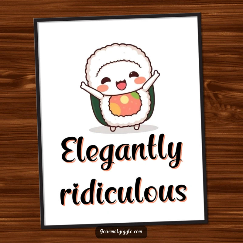 Funny sushi roll digital art print of a happy character in a whimsical bow, perfect for instant, humorous wall decoration.