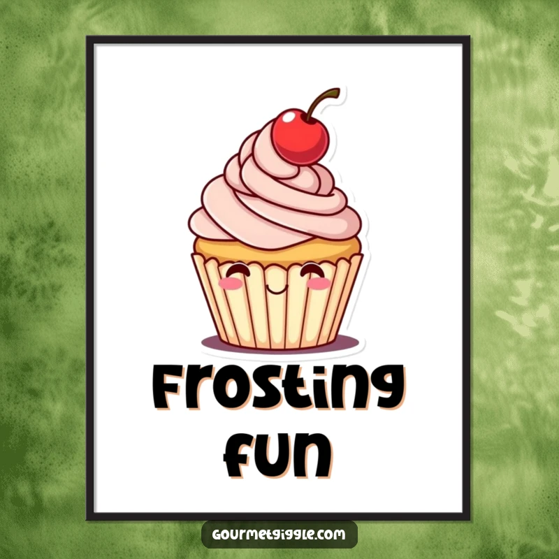 Funny digital art print of a cheerful cupcake with frosting and a cherry tipping its hat, for instant download.