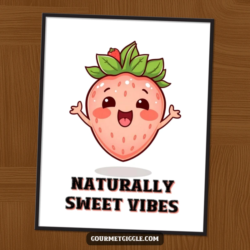 Funny excited strawberry with a leafy crown, bouncing with mirth, available as a downloadable digital art print.