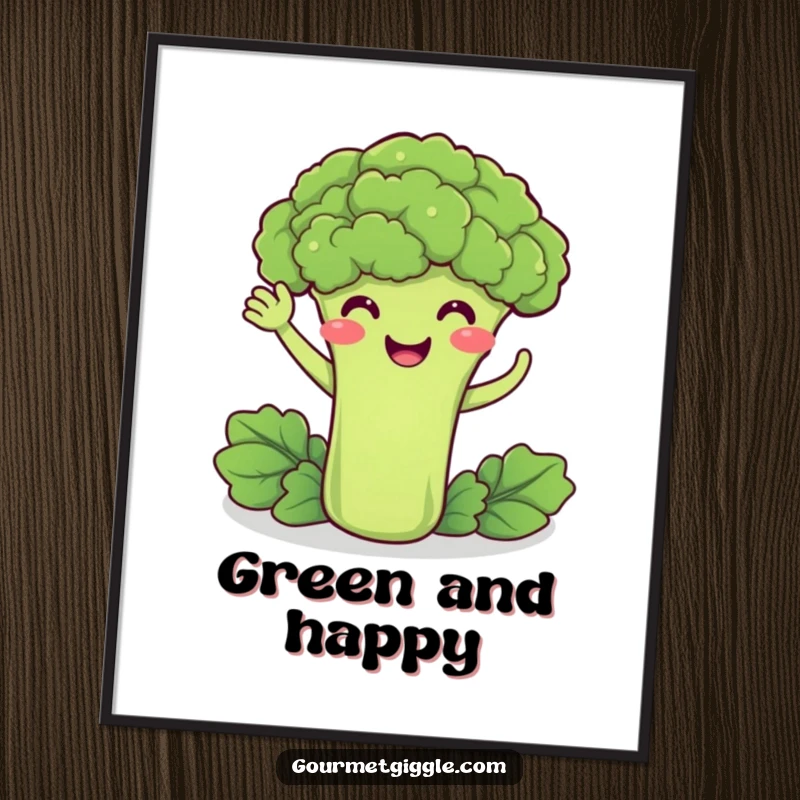 Funny digital art print of a delighted broccoli smiling and doing a friendly wave, ready for instant download and display.