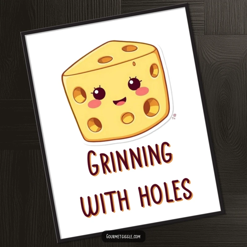 Funny cheese digital art print of a happy character with a wide grin and holes, perfect for instant, humorous wall decoration.