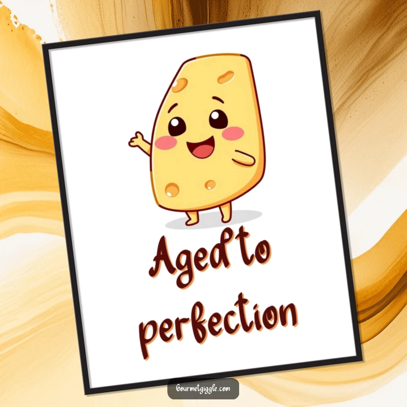 Funny smiling cheese wedge digital art print, high-resolution file, features a cheerful dancing cheese wedge, ideal for printable wall decor.