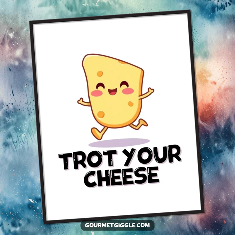 Funny cheese slice character digital art print, a happy, round cheese piece doing a wobbly trot, ready to bring cheesy fun.