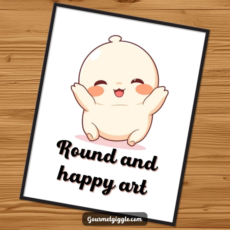 Funny chubby dumpling digital art print, a happy, rosy-cheeked food character in a joyful tumble, perfect for playful decor.