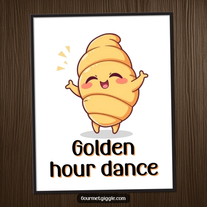 Funny Croissant Digital Art Print of a winking croissant doing a playful dance with a flourish, perfect for instant whimsical decor.