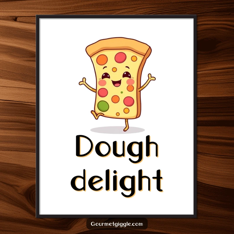 Funny digital art print of a smiling pizza slice with tiny legs doing a happy dance, for instant download.