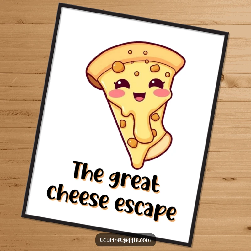 Funny digital art print of a smiling pizza slice with its cheesy topping comically sliding off, a delicious and humorous piece.