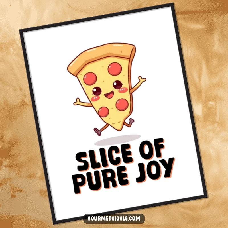 Funny pizza digital art print of a smiling slice of pizza with tiny legs, joyfully skipping to add cheer.