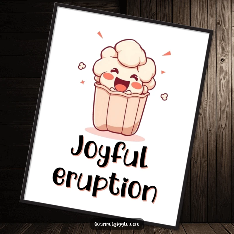Funny popcorn kernel digital art print of an ecstatic character bursting from a bag, perfect for instant, humorous wall decor.
