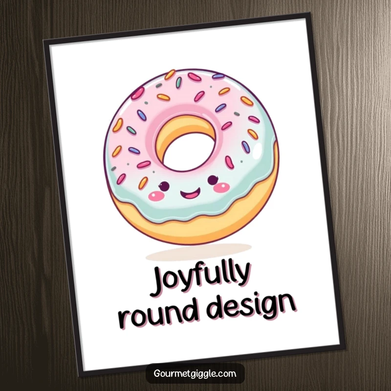 Funny digital art print of a smiling donut with sprinkles, bouncing rhythmically, perfect for adding vibrant, dessert-themed humor to any room.