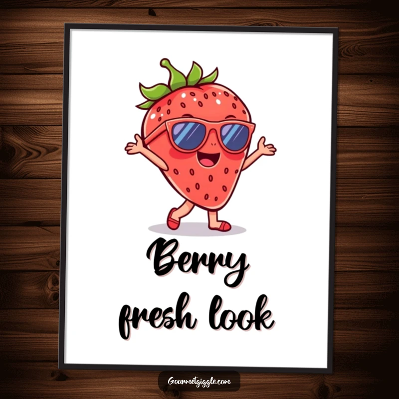Funny Strawberry Sunglasses Digital Art Print of a cheerful strawberry dancing with sunglasses, ready for immediate download and adding fun flair.