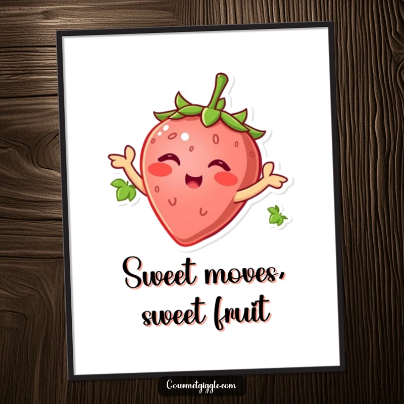 Smiling strawberry wiggling its green leaves like arms, radiating pure joy, a vibrant and humorous digital art print.