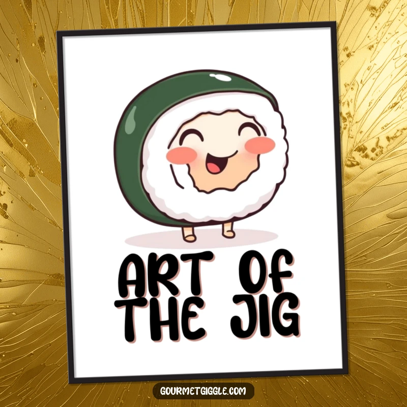 Funny digital art print of a cheerful, wobbly sushi roll with small feet performing a happy jig, for instant decor humor.
