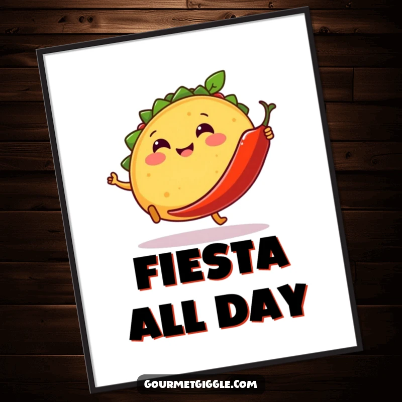 Funny digital art print of a smiling taco kicking a dancing chili pepper, celebrating food, dance, and humorous fiesta vibes.