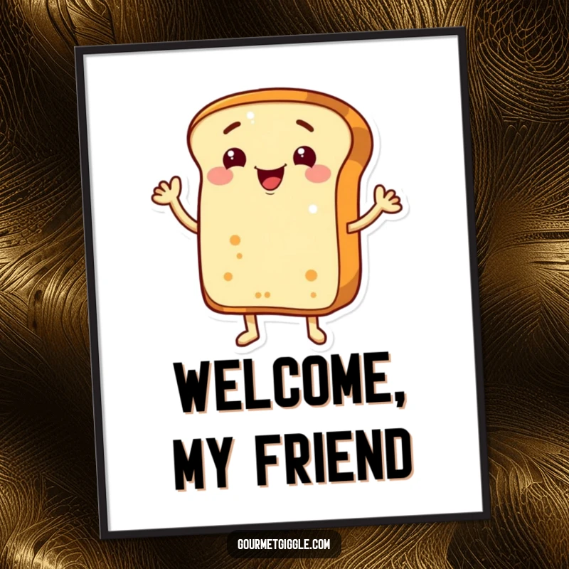 Funny grinning bread loaf with arms, cheerfully waving hello, available as a downloadable digital art print.
