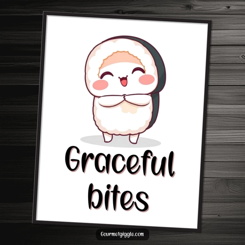 Funny Digital Art Print of a smiling sushi roll performing a graceful bow, ideal for printable wall art and decor.