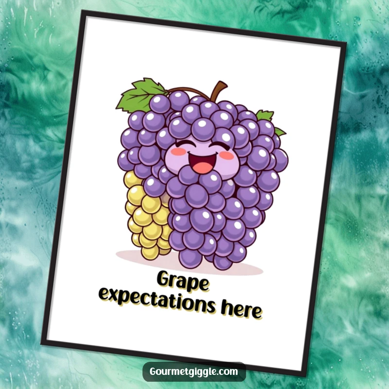 Funny laughing grapes digital art print, a vibrant illustration of a bunch of grapes wiggling and bouncing with laughter, downloadable humor.