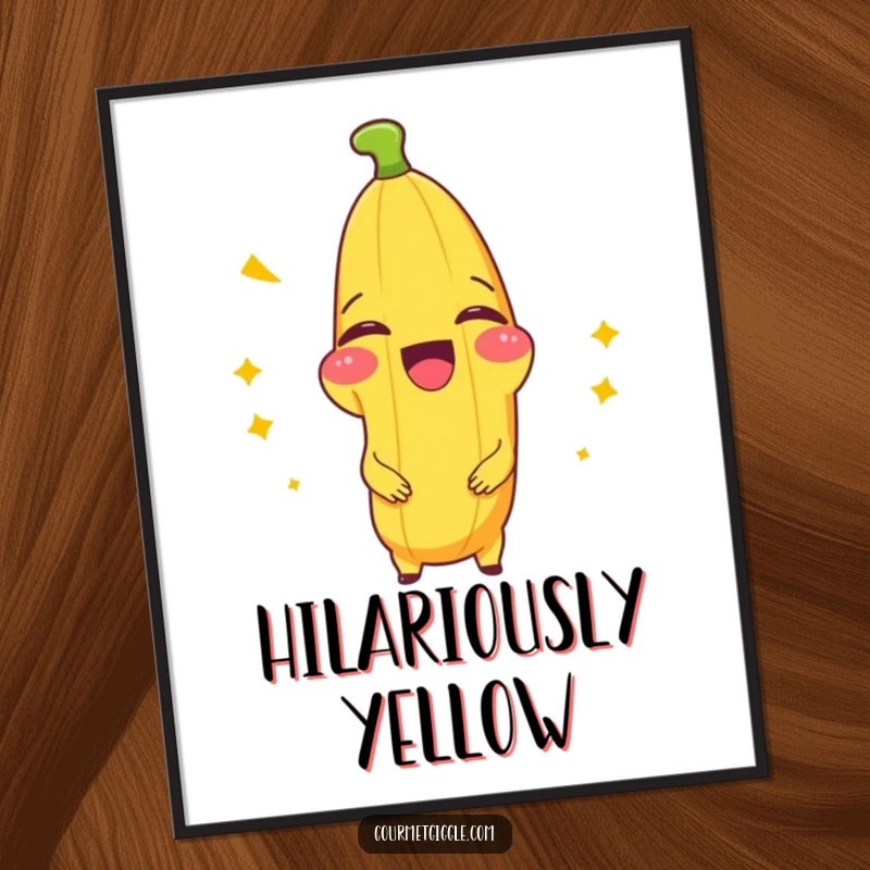 Funny digital art print of a beaming banana splitting with laughter, ready to be framed and enjoyed instantly.