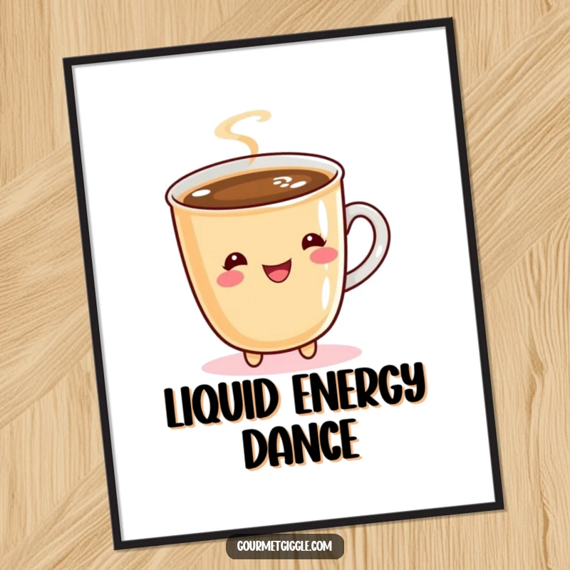 Funny digital art print of a bubbly cup of coffee doing a cheerful twirl, ready for instant download and display.