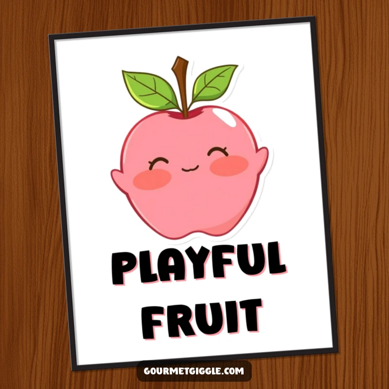 Funny apple digital art print of a blushing fruit with leaf hair doing a playful curtsy. Instant download for charming decor.