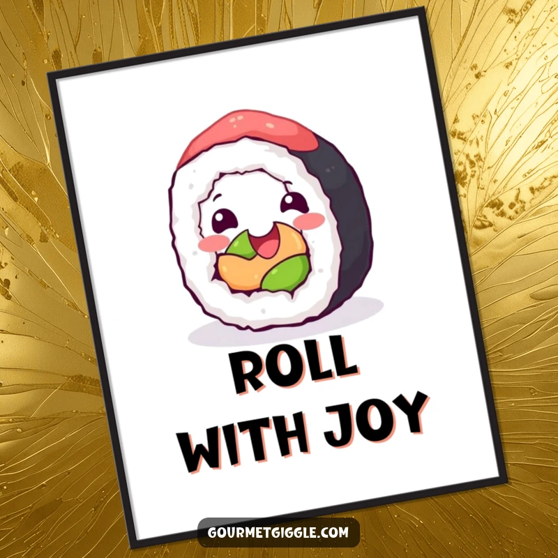 Funny Digital Art: A happy sushi roll captured mid-roll, radiating pure glee and delicious fun for instant decor.