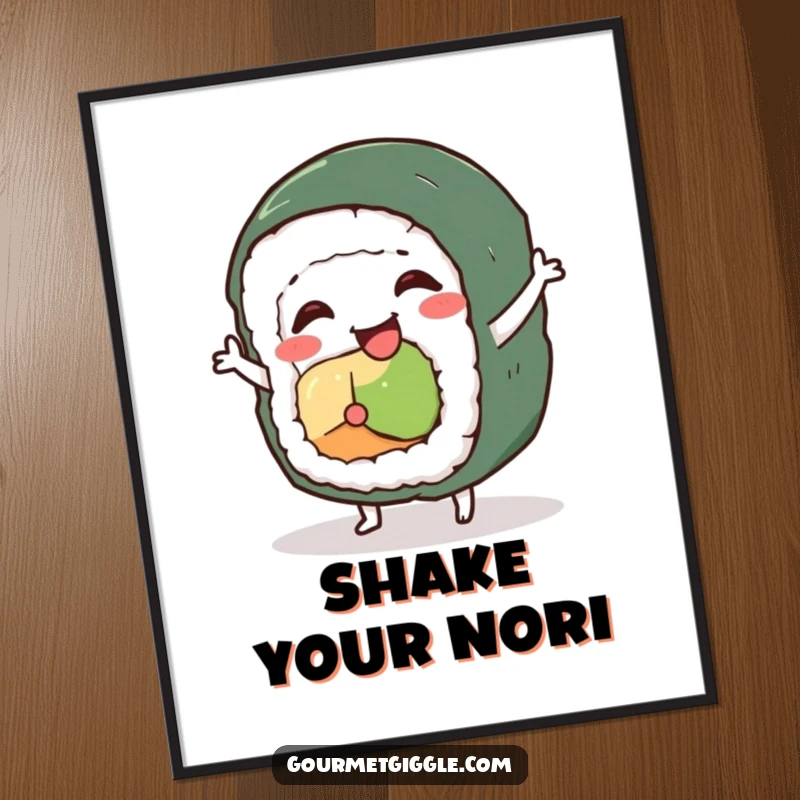 Funny sushi roll character digital art print, a wobbly roll doing a silly dance, ready to bring groovy fun.