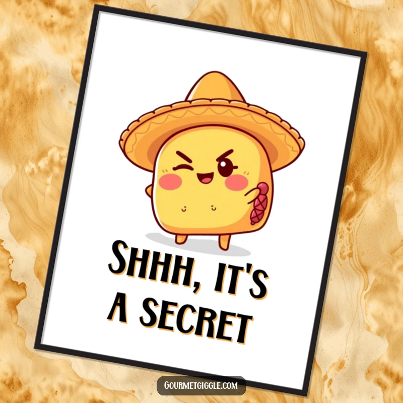 Funny taco digital art print wearing a sombrero, giving a mischievous wink, offering instant humorous and festive decor.