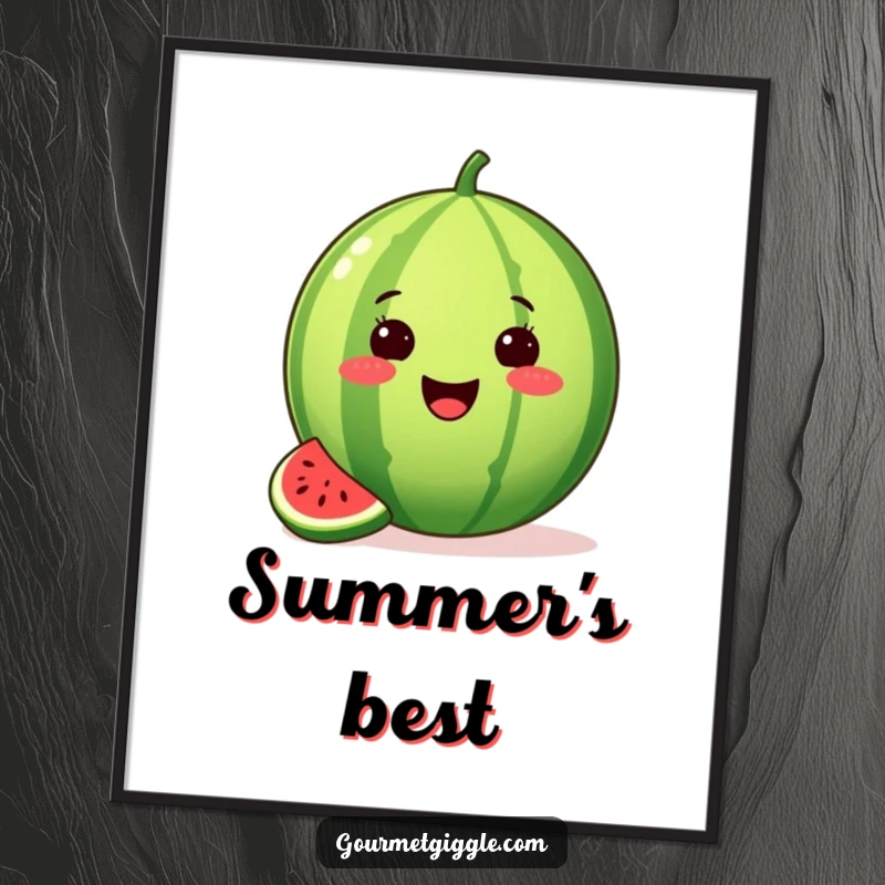 Funny digital art print of a proud watermelon with a missing slice, beaming with summer joy, ready for instant display.