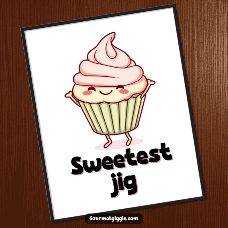 Funny Digital Art Print of a cheerful cupcake doing a lively jig, ideal for printable wall art and decor.