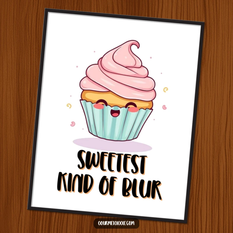 Funny giggling cupcake digital art print with frosting flying off mid-spin, providing instant sweet and humorous decor.