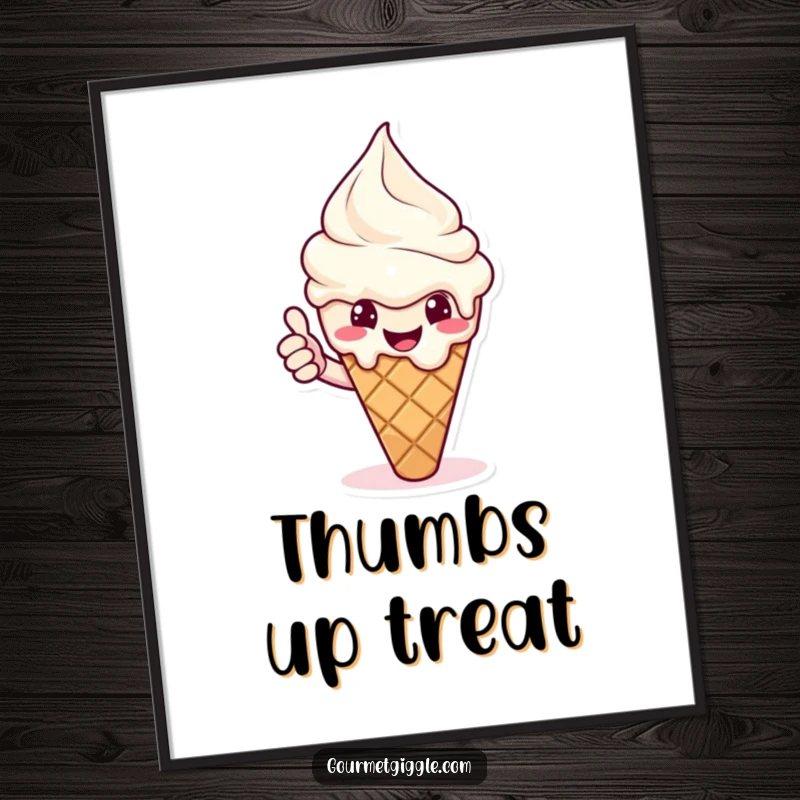 Funny ice cream digital art print of a melting cone giving a cheerful thumbs up. Instant download for sweet decor.