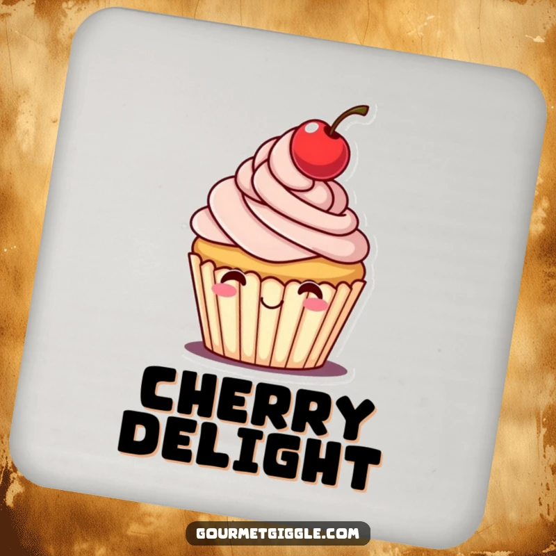 Funny drink coasters featuring a cheerful cupcake with frosting and a cherry tipping its hat, great for surface protection.