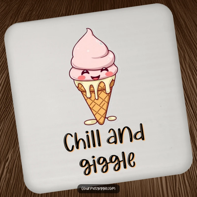 Funny Cat Coaster featuring a giggling ice cream cone with melting drips, adding a humorous and sweet touch.