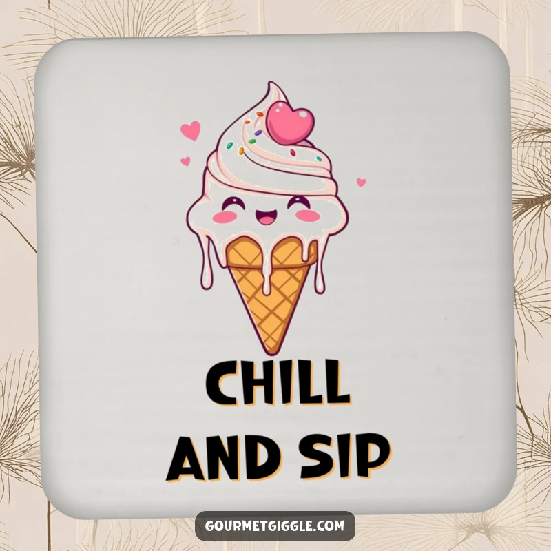 Funny Ice Cream Cone Coaster showcasing a delighted ice cream cone dripping with glee, adding a touch of sweet humor to any beverage setup.