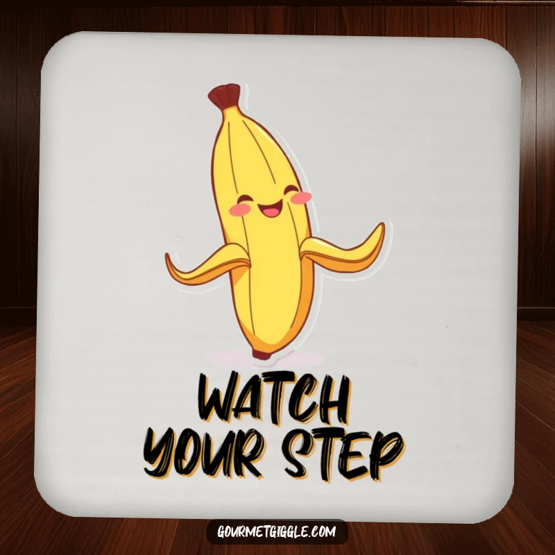 Funny Banana Peel Coasters: A set of coasters featuring a grinning banana peel comically slipping, offering protection with a humorous slapstick design.