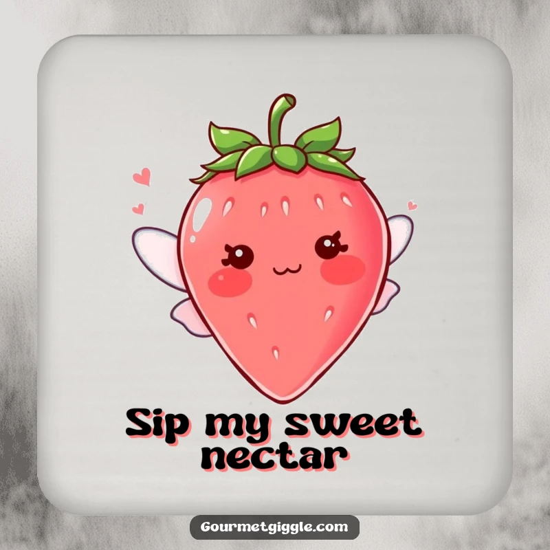 Funny blushing strawberry character with tiny fluttering wings on a drink coaster, protecting surfaces with cute charm, perfect for a funny gift.